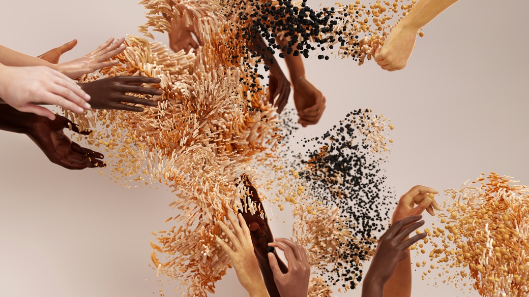 An abstract illustration of hands reaching toward a fragmented human form.
